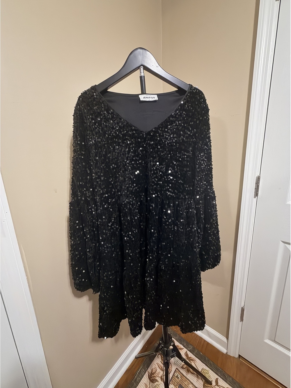 Jenifiso Black Sequin Long Sleeve Tiered Mini Dress Size S